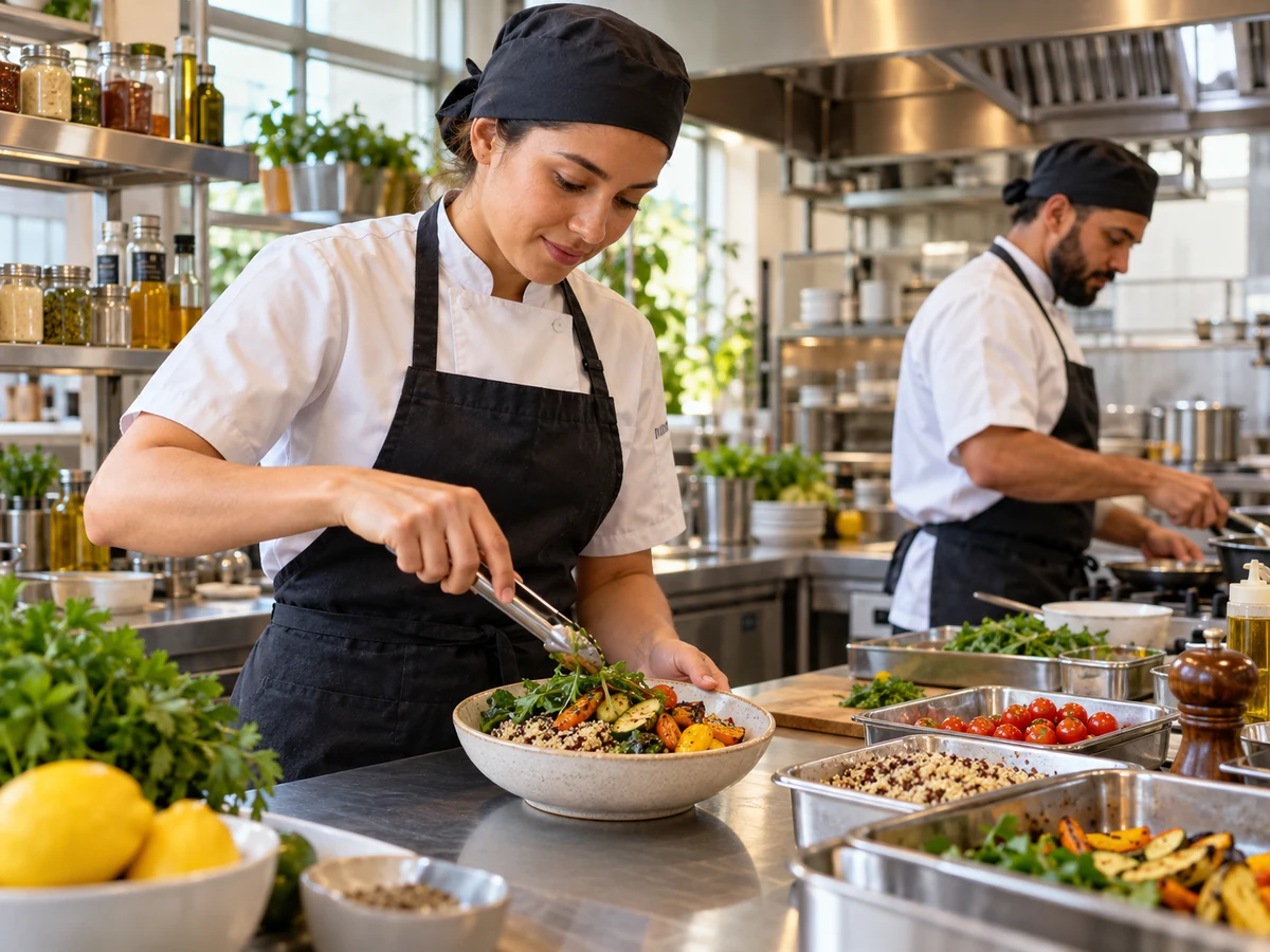 Cozinha de restaurante com ingredientes saudáveis fornecidos pela Gale