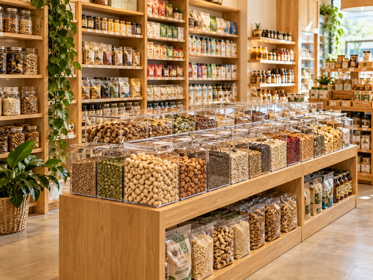 Prateleiras de uma loja de produtos naturais abastecida pela Gale